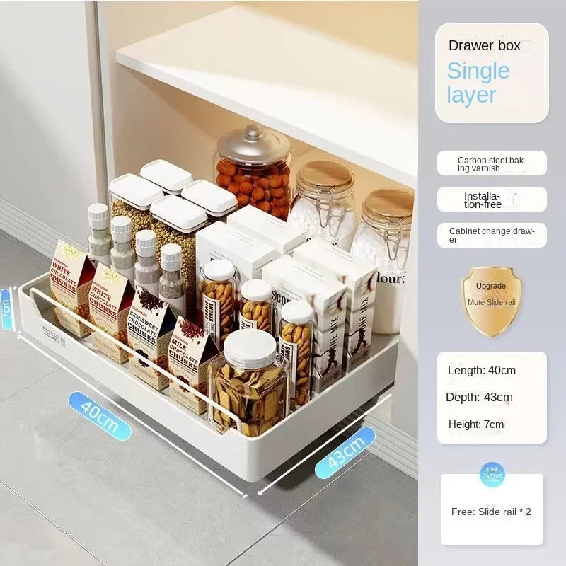New Kitchen Storage Rack with Slide Rails Pull-out Kitchen Drawer Type Storage Tray Spice Box Storage Shelf Cabinets Organizer
