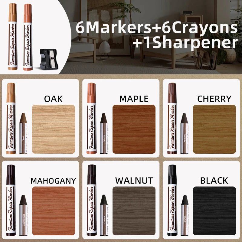 13pcs Furniture Markers Crayon Sharpener Set, Wood Scratch Repair Kit Waterproof Pen for Floors, Tables, Desks, Stains Oak Maple